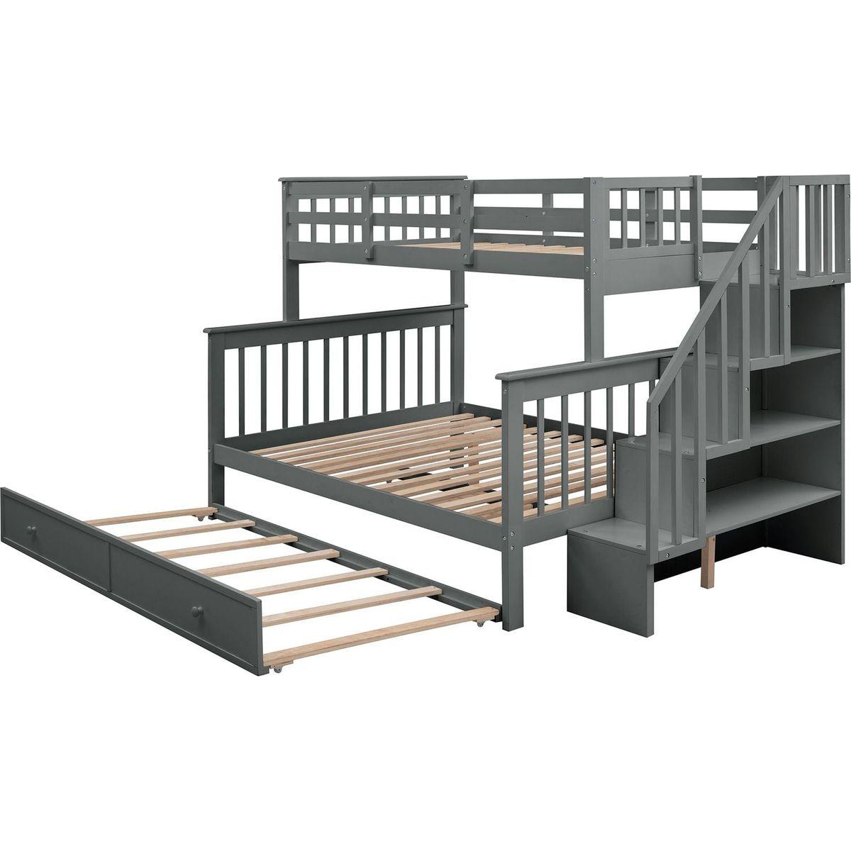 Stairway Twin-Over-Full Bunk Bed with Twin size Trundle, Storage and Guard Rail for Bedroom, Dorm, for Adults, Gray