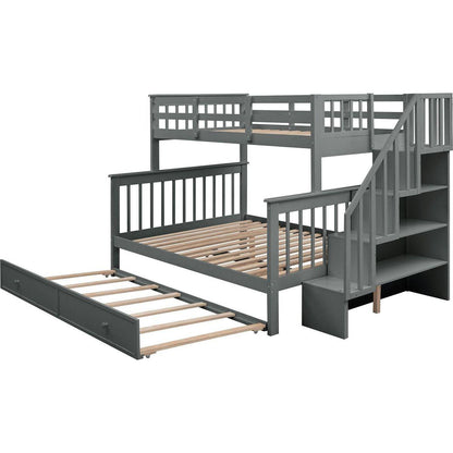 Stairway Twin-Over-Full Bunk Bed with Twin size Trundle, Storage and Guard Rail for Bedroom, Dorm, for Adults, Gray