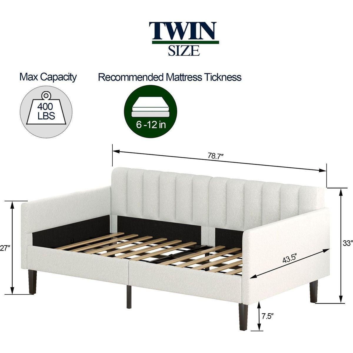 Elena Twin Size Ivory Boucle Upholstered Daybed, Ribbed Tufted Backrest, Daybed in Lavish Modern Design, Richly Hued Foam Comfort