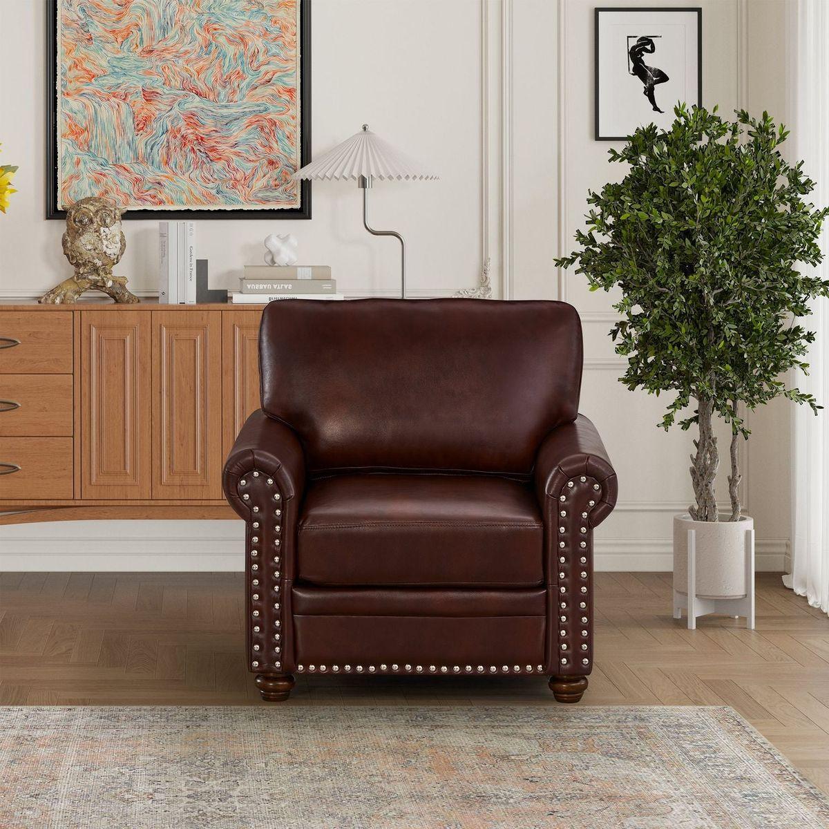 Living Room Sofa Single Seat Chair with Wood Leg Burgundy Faux Leather