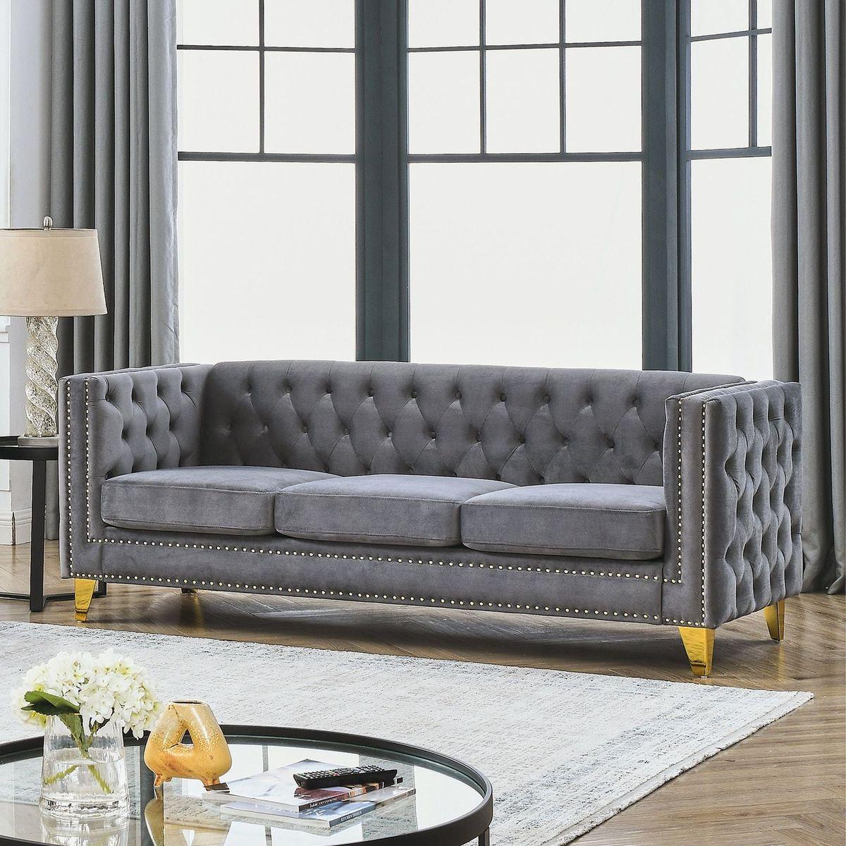 Velvet Sofa for Living Room,Buttons Tufted Square Arm Couch, Modern Couch Upholstered Button and Metal Legs, Sofa Couch for Bedroom, Grey Velvet .2PCS