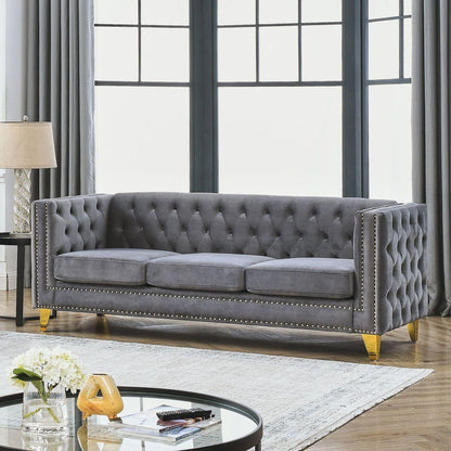 Velvet Sofa for Living Room,Buttons Tufted Square Arm Couch, Modern Couch Upholstered Button and Metal Legs, Sofa Couch for Bedroom, Grey Velvet .2PCS