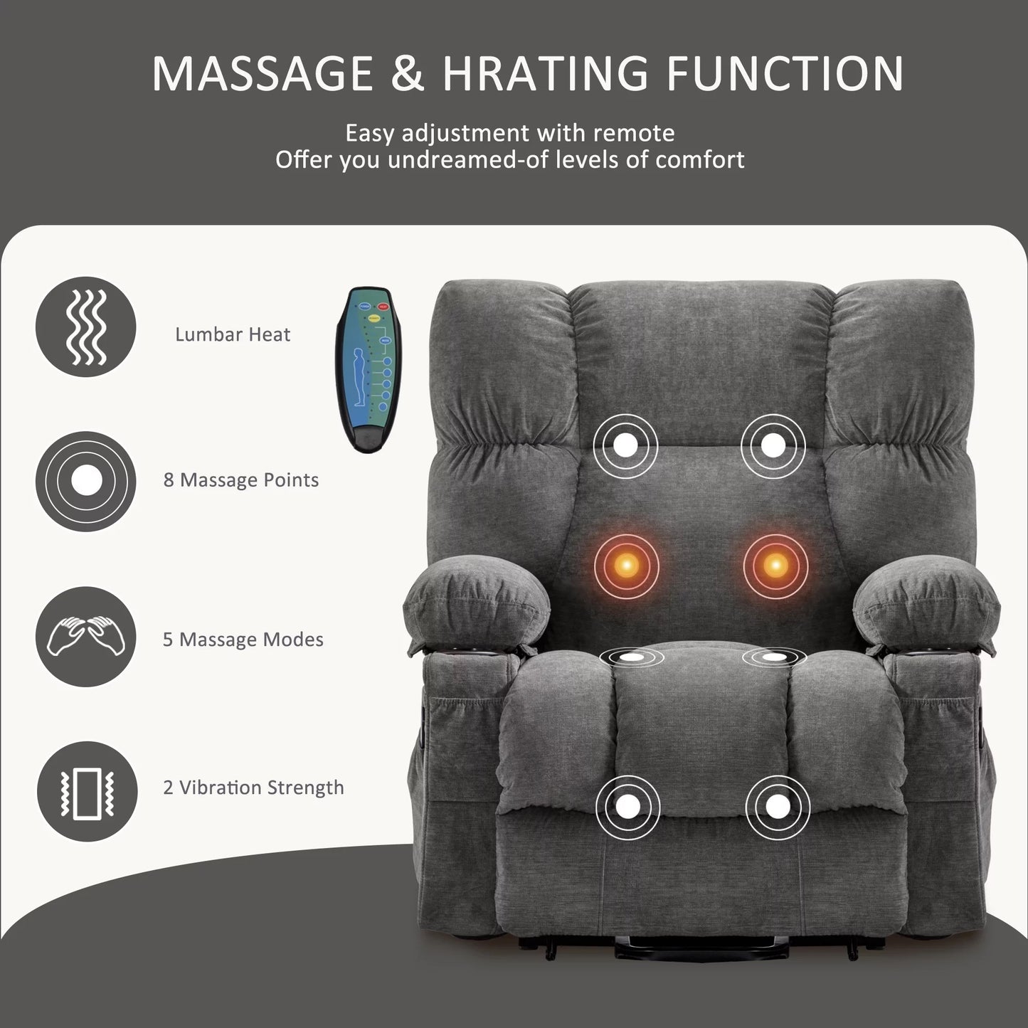 Power Lift Recliner Chair Recliners for Elderly with Heat and Massage Recliner Chair for Living Room with Infinite Position and Side Pocket,USB Charge Port,GREY