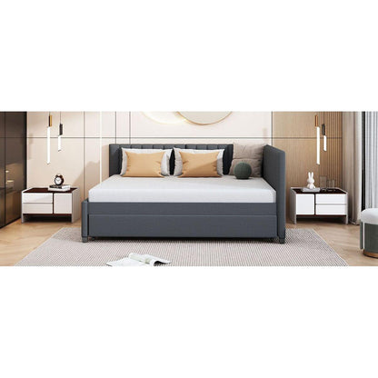 Full Size Upholstered Daybed with Trundle Sofa Bed Frame No Box Spring Needed, Linen Fabric(Gray)