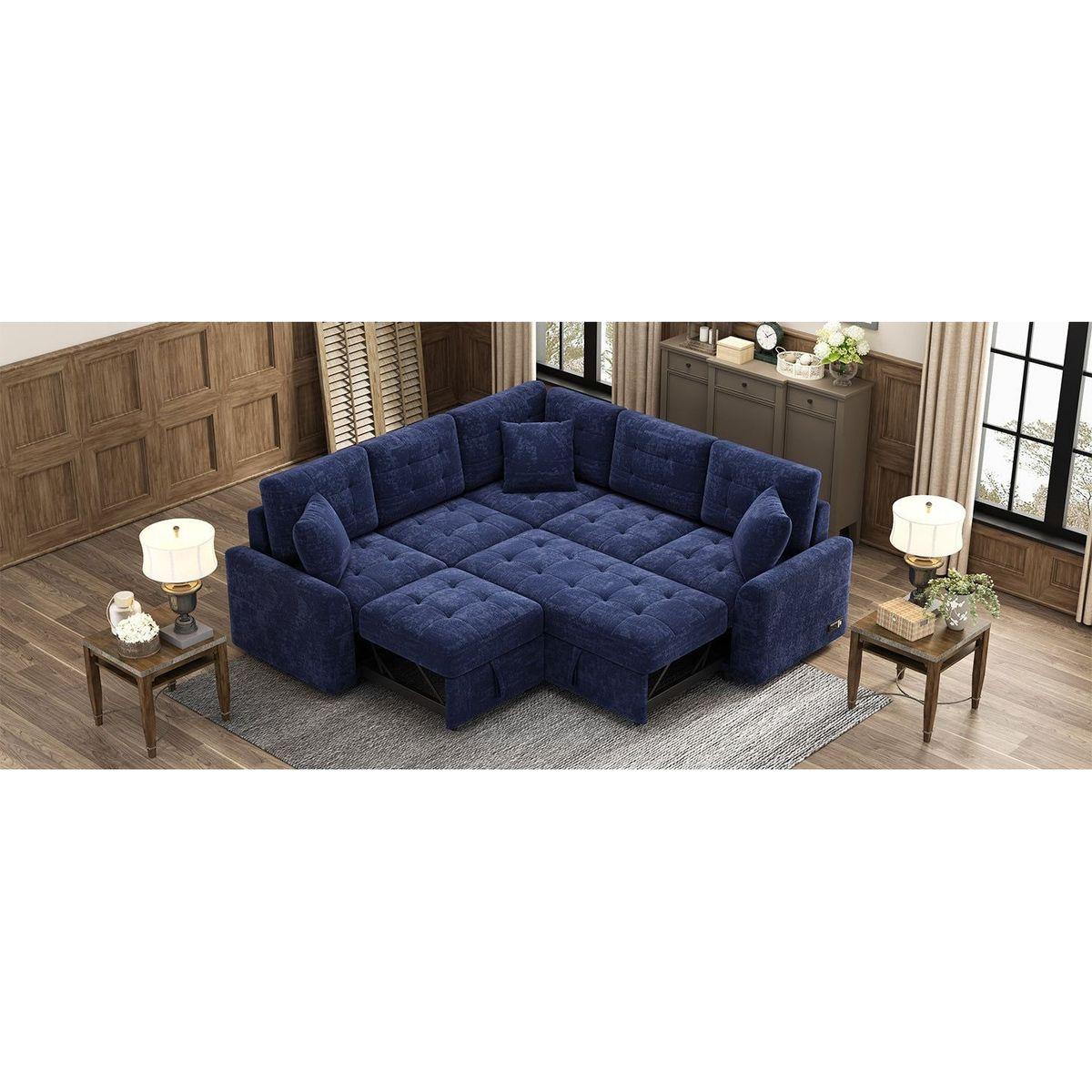 82.6" L-shape Sofa Bed Pull-out Sleeper Sofa with Wheels, USB Ports, Power Sockets for Living Room, Navy Blue