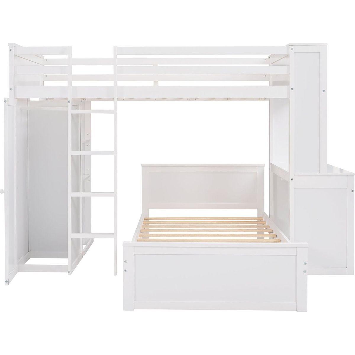 Twin size Loft Bed with a Stand-alone bed, Shelves,Desk,and Wardrobe-White