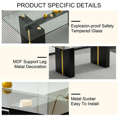 Table and chair set, large modern minimalist rectangular glass table, can accommodate 6-8 people, equipped with tempered glass tabletop and large MDF table legs, comfortable and minimalist chairs.