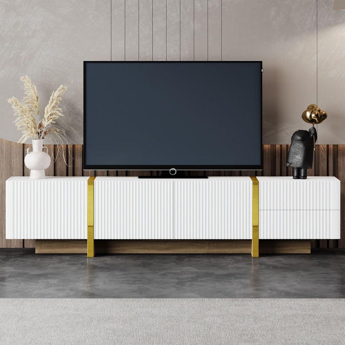 Luxury Fluted TV Stand for TVs Up to 80", Modern Entertainment Center with Storage Cabinets & Drawers, Smooth Media Console with Golden Wood Grain Legs for Living Room, White