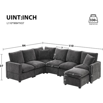 110x84" Modern U Shape Modular Sofa, 7 Seat Chenille Sectional Couch Set with 2 Pillows Included, Freely Combinable Indoor Funiture for Living Room, Apartment, Office, 2 Colors