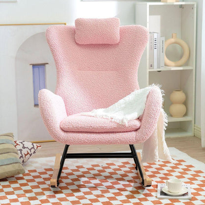 Rocking Chair Nursery, Teddy Upholstered Rocker Glider Chair with High Backrest, Adjustable Headrest & Pocket, Comfy Glider Chair for Nursery, Bedroom, Living Room, Offices, Rubber wood, pink