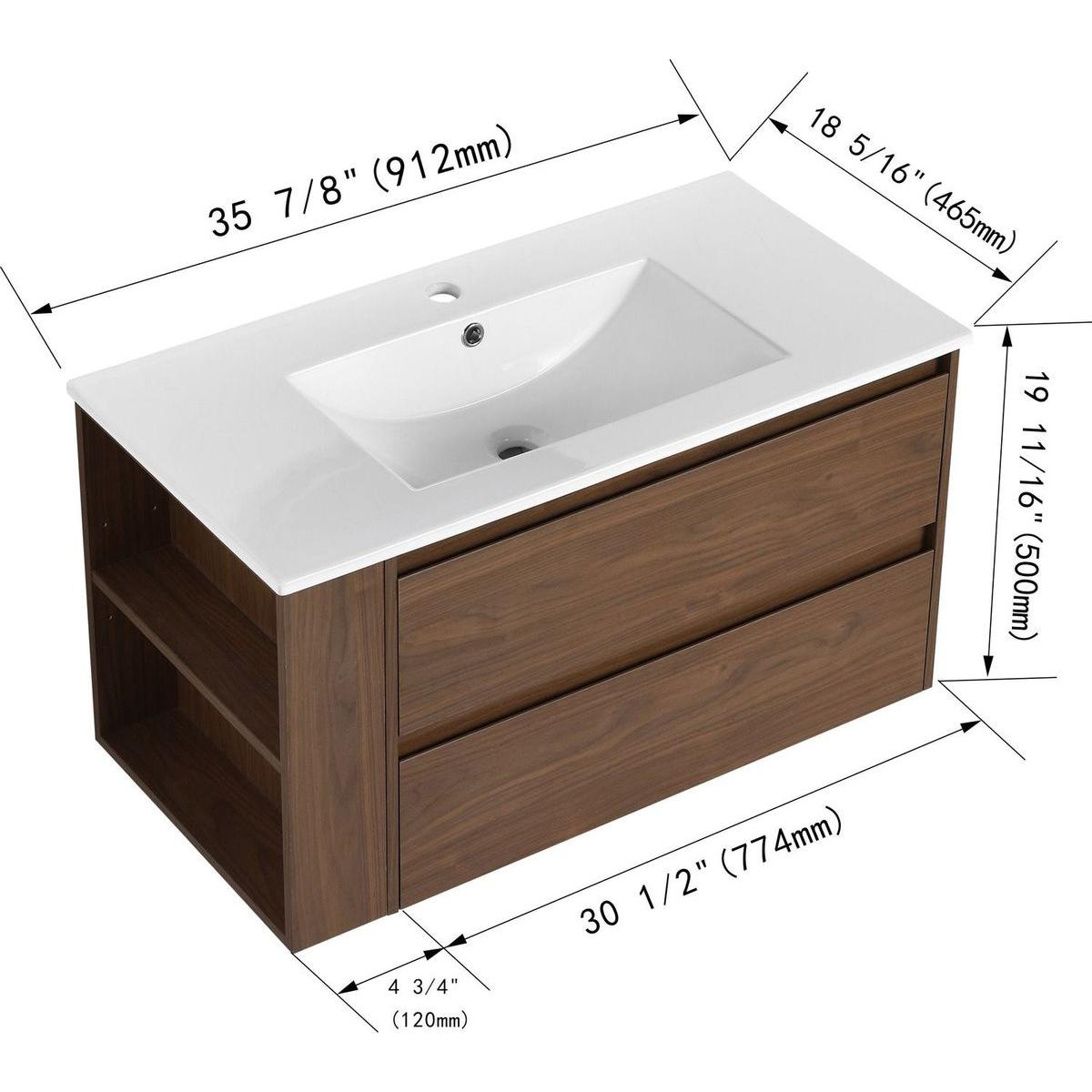 36" Wall Mounting Bathroom Vanity With Ceramic Sink, Soft Close Drawer