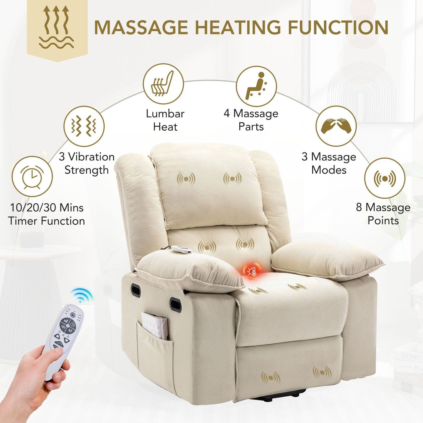 Massage Recliner,Power Lift Chair for Elderly with Adjustable Massage and Heating Function,Recliner Chair with Infinite Position and Side Pocket for Living Room, Beige