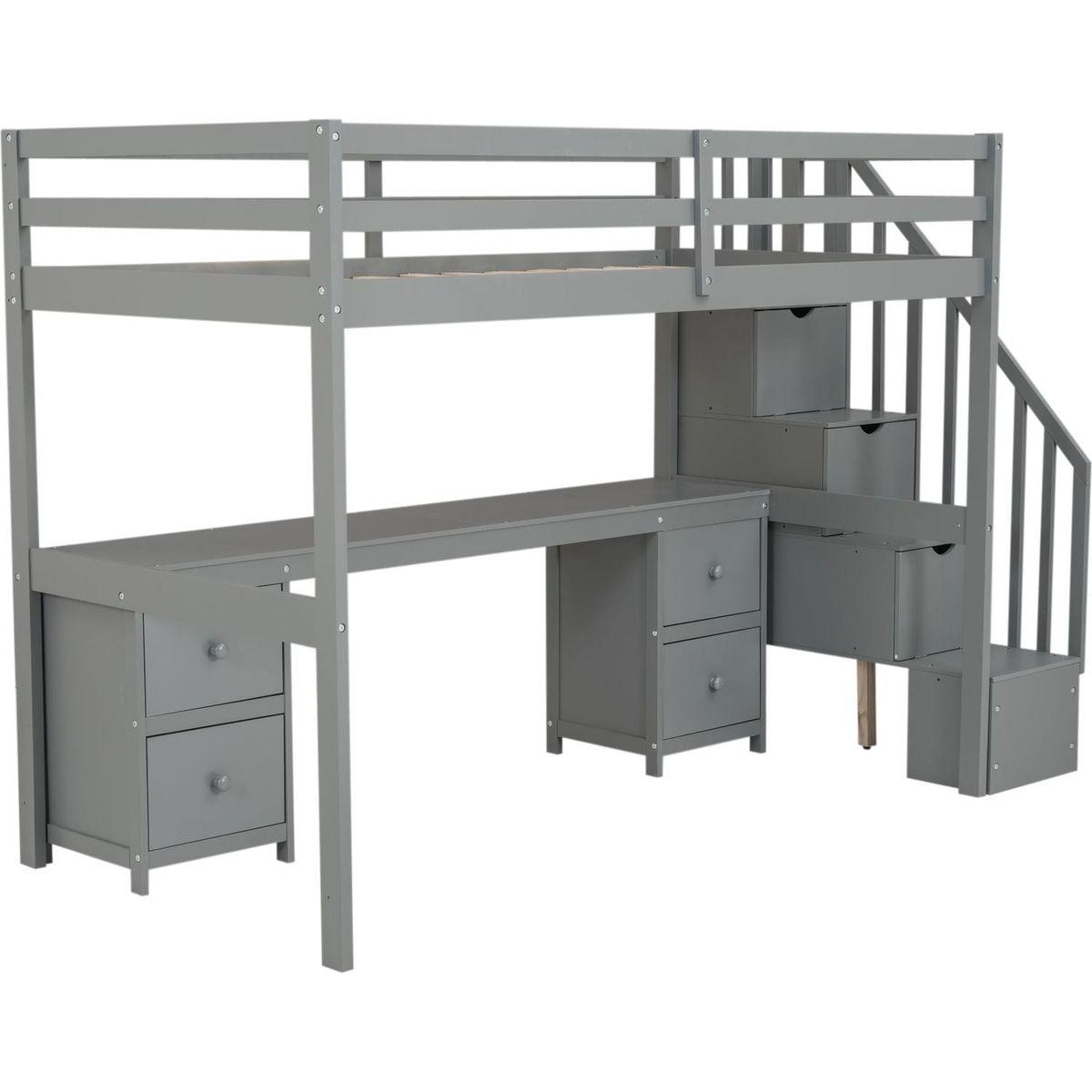 Twin Size Loft Bed Frame with Built-in Desk and Double Storage Drawers,Gray
