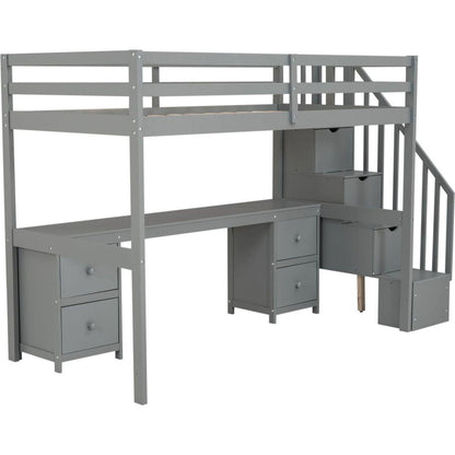 Twin Size Loft Bed Frame with Built-in Desk and Double Storage Drawers,Gray