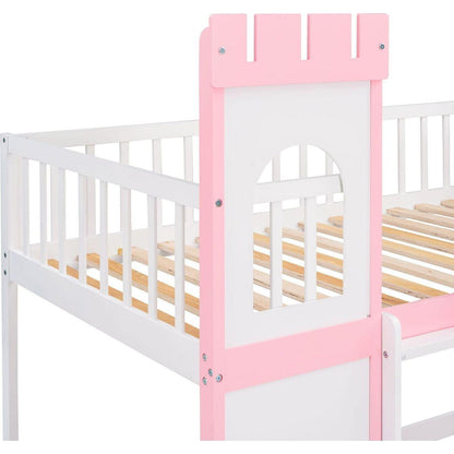 Twin Over Twin Castle Bunk Bed with Ladder - Pink
