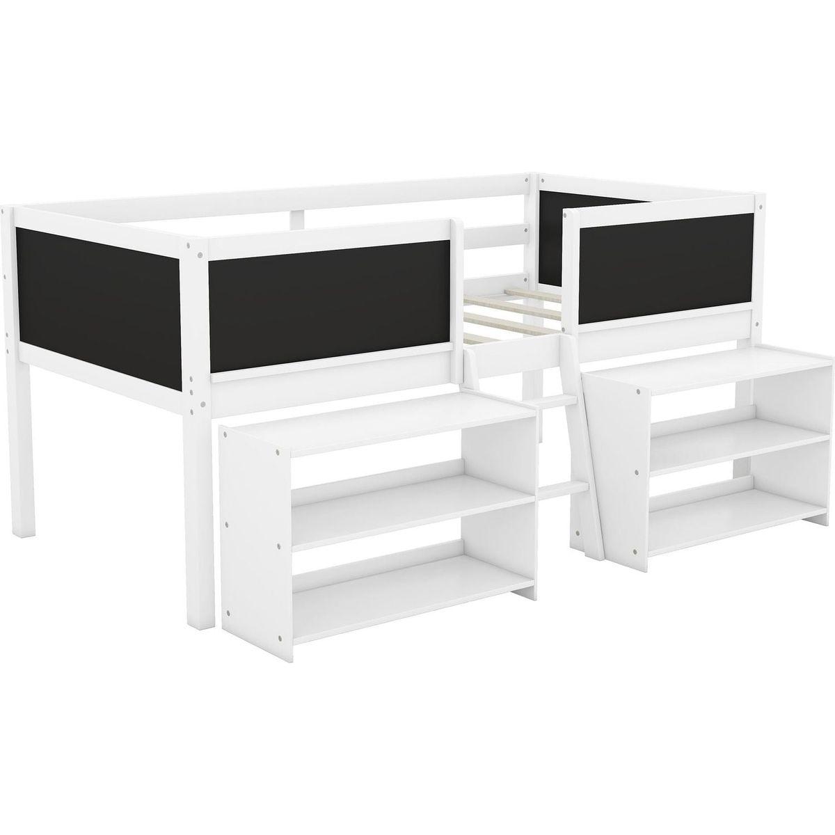 Twin Size Low Loft Bed with Two Movable Shelves and Ladder,with Decorative Guardrail Chalkboard,White