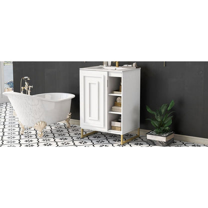 24inch White Bathroom Vanity Sink Combo for Small Space, Modern Design with Ceramic Basin, Gold Legs and Semi-open Storage(Faucet Not Included)