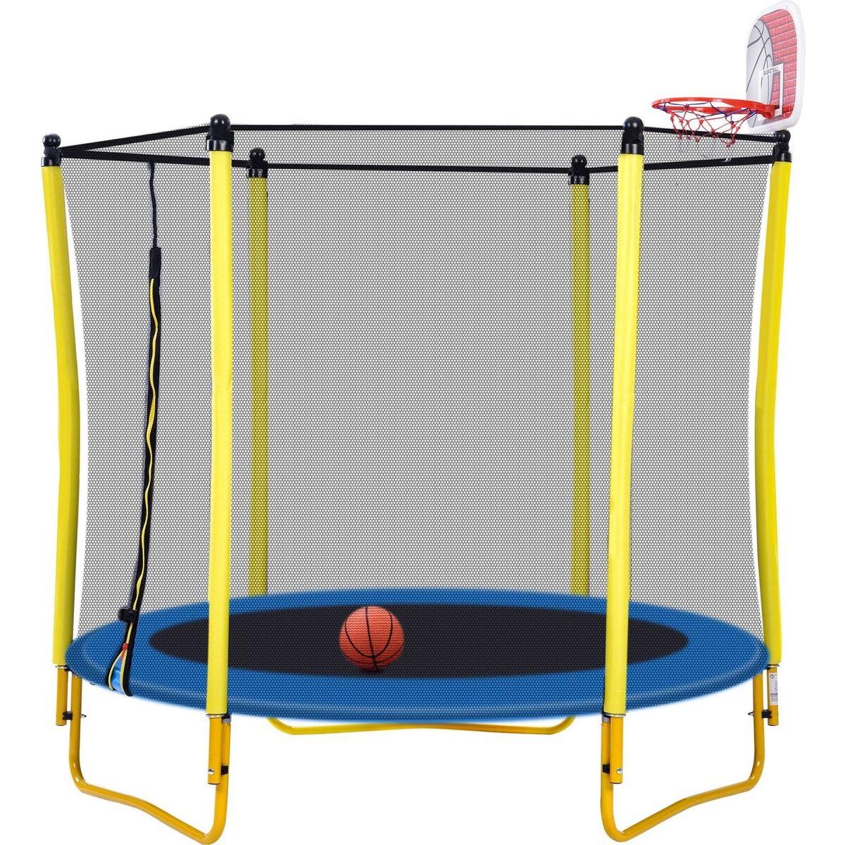 5.5FT Trampoline for Kids - 65" Outdoor & Indoor Mini Toddler Trampoline with Enclosure, Basketball Hoop and Ball Included