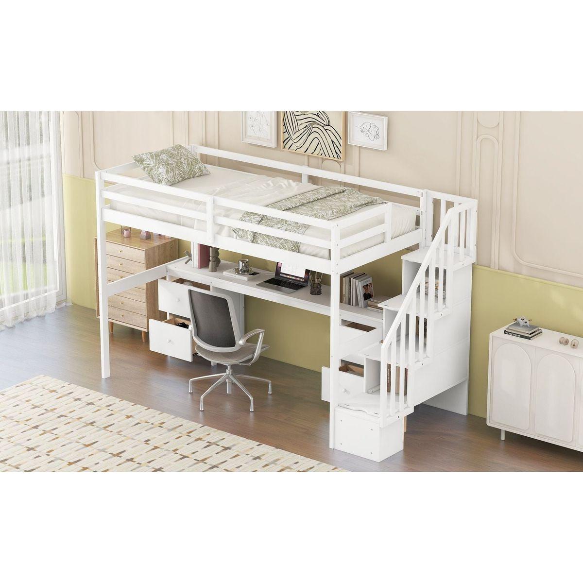 Twin Size Loft Bed Frame with Built-in Desk and Double Storage Drawers,White