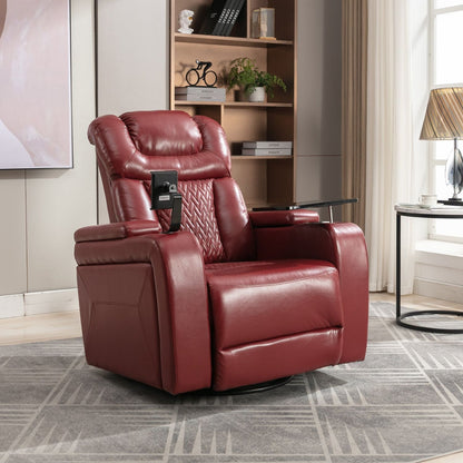 270 Degree Swivel PU Leather Power Recliner Individual Seat Home Theater Recliner with Comforable Backrest, Tray Table, Phone Holder, Cup Holder, USB Port, Hidden Arm Storage for Living Room, Red