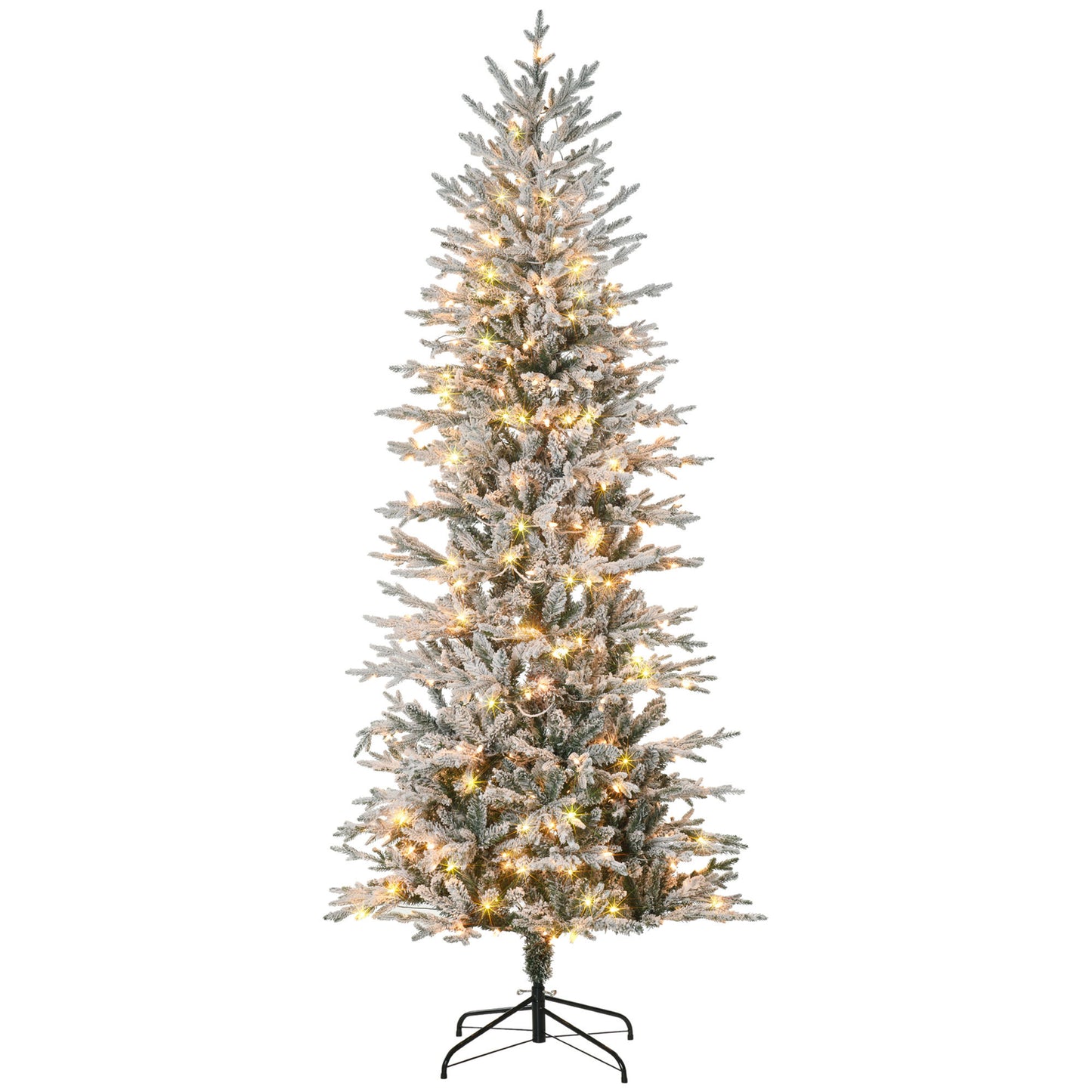 HOMCOM 7.5ft Tall Prelit Artificial Christmas Tree Holiday Décor with 850 Snow Flocked Branches, 350 Warm Yellow Clear Lights, Auto Open, Extra Bulb