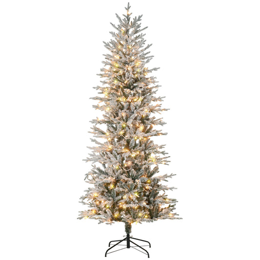 HOMCOM 7.5ft Tall Prelit Artificial Christmas Tree Holiday Décor with 850 Snow Flocked Branches, 350 Warm Yellow Clear Lights, Auto Open, Extra Bulb