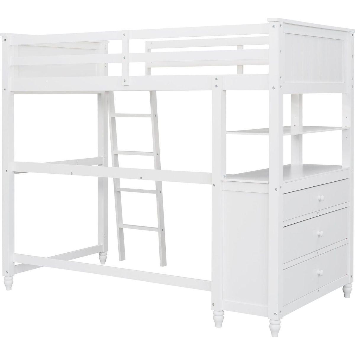 Twin size Loft Bed with Drawers and Desk, Wooden Loft Bed with Shelves - White