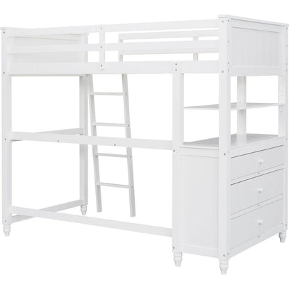 Twin size Loft Bed with Drawers and Desk, Wooden Loft Bed with Shelves - White