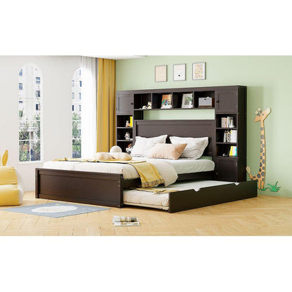 Queen Size Wooden Bed With All-in-One Cabinet, Shelf and Sockets, Espresso