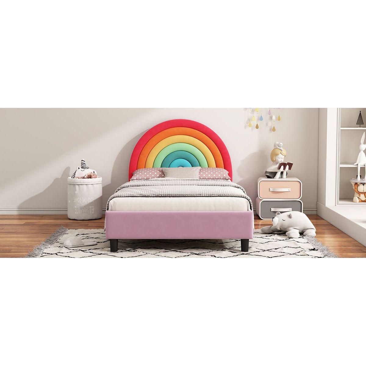 Rainbow Design Upholstered Twin Platform Bed Cute Style Princess Bed for Boys & Girls, Teens, Colorful & Pink