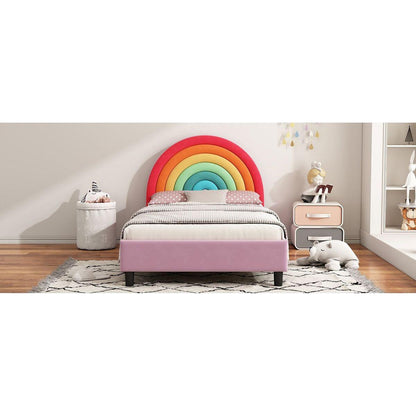 Rainbow Design Upholstered Twin Platform Bed Cute Style Princess Bed for Boys & Girls, Teens, Colorful & Pink