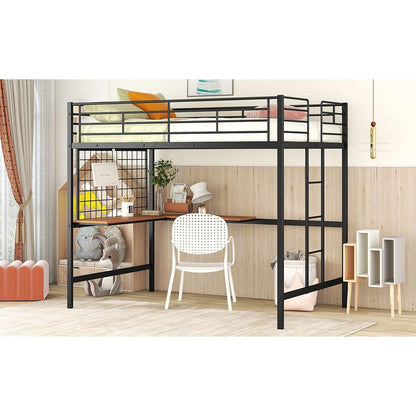 Full Metal Loft Bed with Desk and Metal Grid, Black