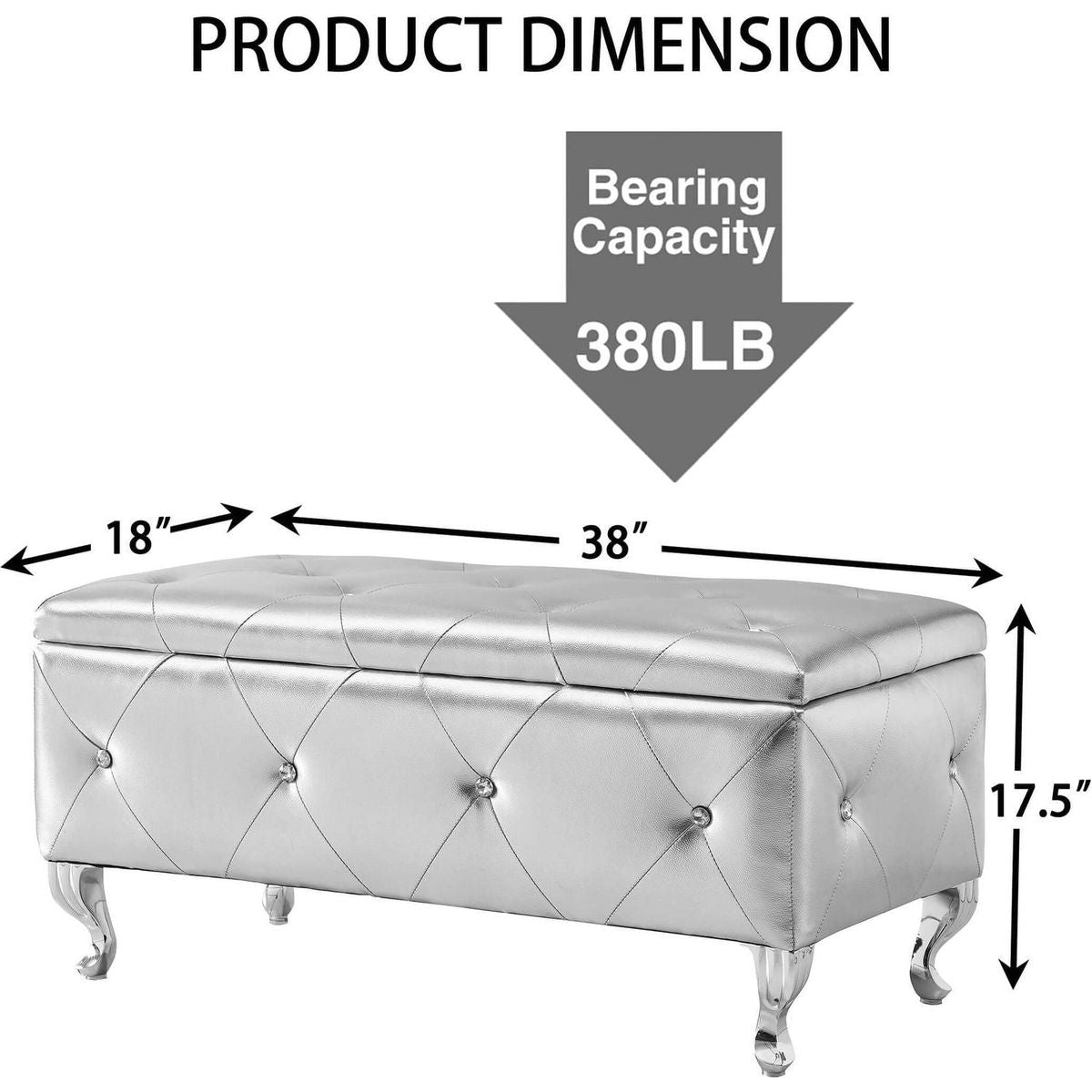 Upholstered Storage Ottoman Bench For Bedroom End Of Bed Faux Leather Rectangular Storage Benches Footrest With Crystal Buttons For Living Room Entryway (Silver)
