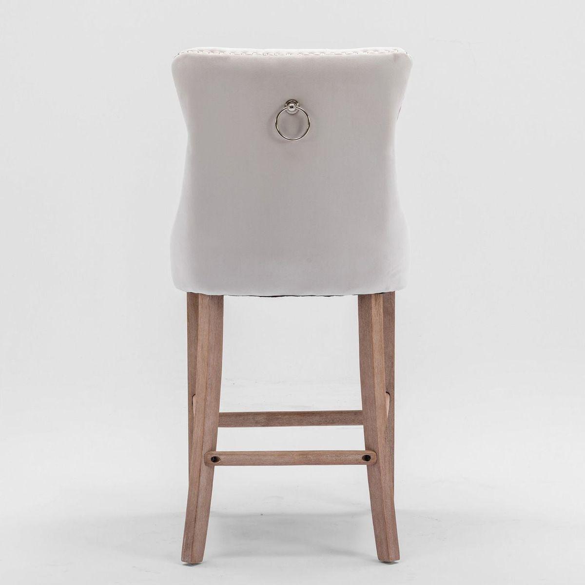 Contemporary Velvet Upholstered Barstools with Button Tufted Decoration and Wooden Legs, and Chrome Nailhead Trim, Leisure Style Bar Chairs,Bar stools, Set of 2 (Beige)