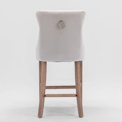 Contemporary Velvet Upholstered Barstools with Button Tufted Decoration and Wooden Legs, and Chrome Nailhead Trim, Leisure Style Bar Chairs,Bar stools, Set of 2 (Beige)
