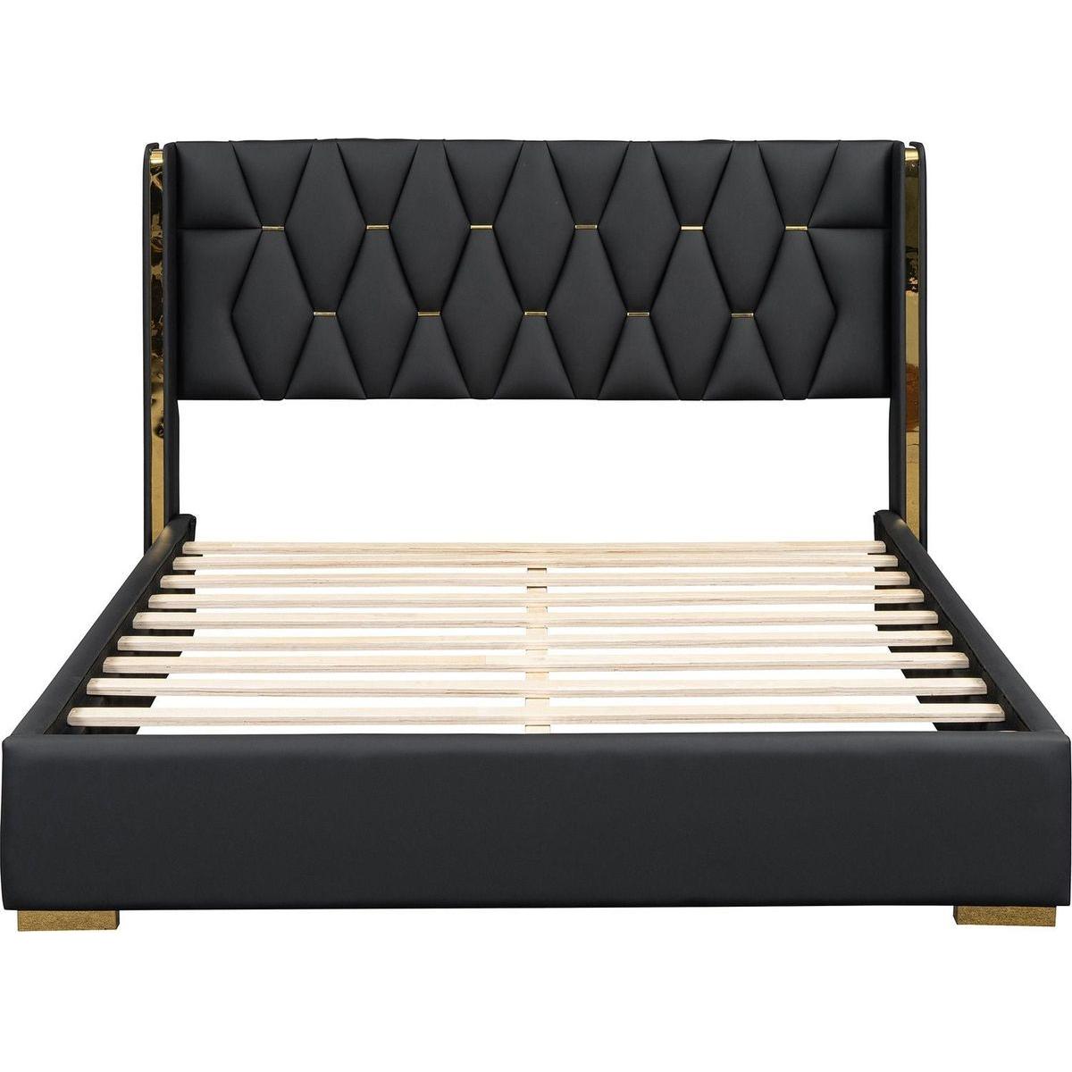 Full Size Upholstered Platform Bed with Metal Strips, Black