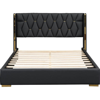 Full Size Upholstered Platform Bed with Metal Strips, Black
