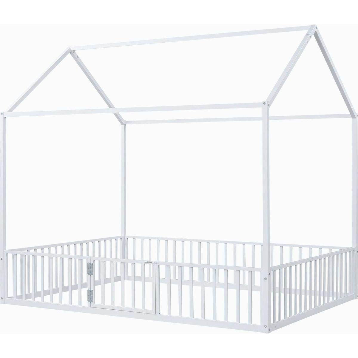Full Size Metal House Bed with Fence and Door, White