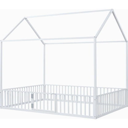Full Size Metal House Bed with Fence and Door, White