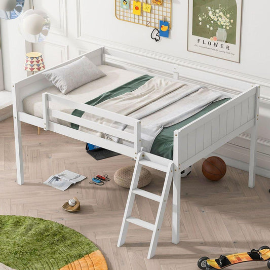 Full Size Wood Low Loft Bed with Ladder, ladder can be placed on the left or right, White(O