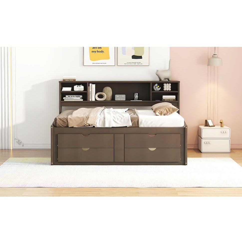 Full Size Wood Daybed with 2 Bedside Cabinets, Upper Shelves and 4 Drawers, Antique Brown