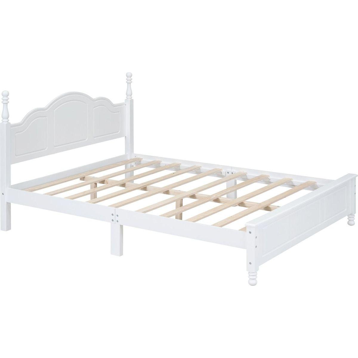 Queen Size Wood Platform Bed Frame,Retro Style Platform Bed with Wooden Slat Support,White
