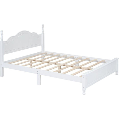 Queen Size Wood Platform Bed Frame,Retro Style Platform Bed with Wooden Slat Support,White