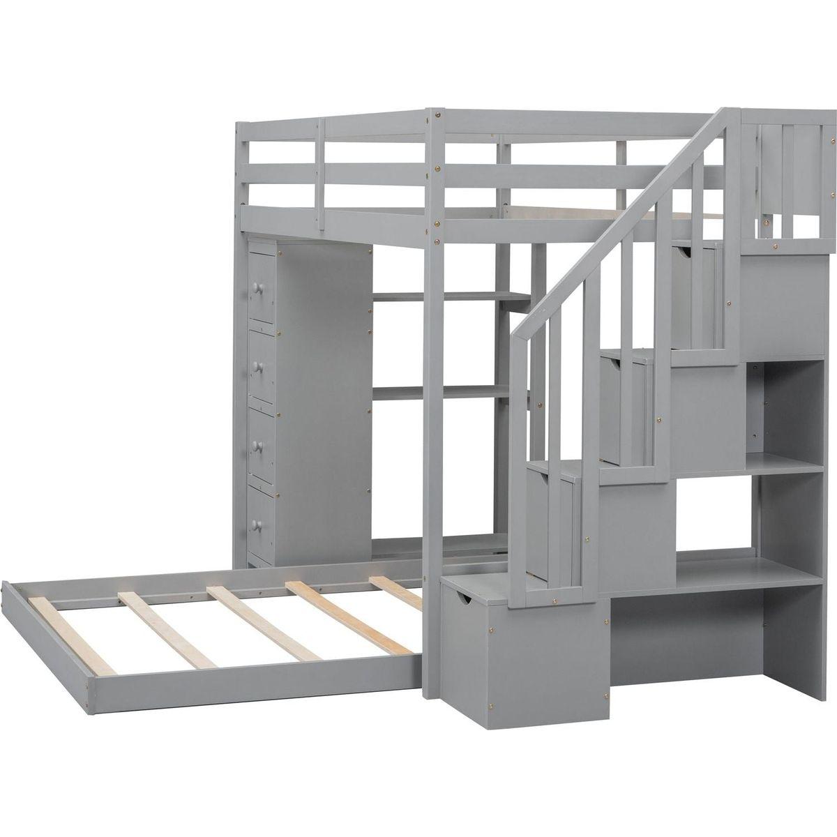 Twin Over Full Bunk Bed with 3-layer Shelves, Drawers and Storage Stairs, Gray