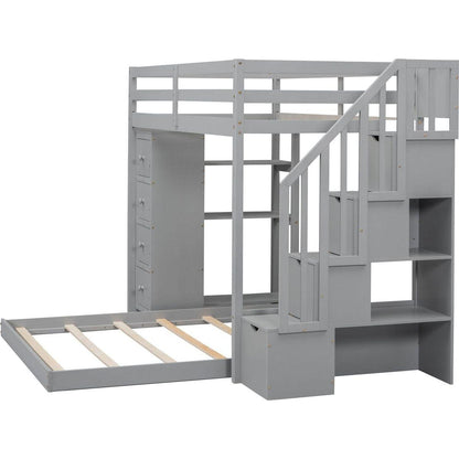 Twin Over Full Bunk Bed with 3-layer Shelves, Drawers and Storage Stairs, Gray