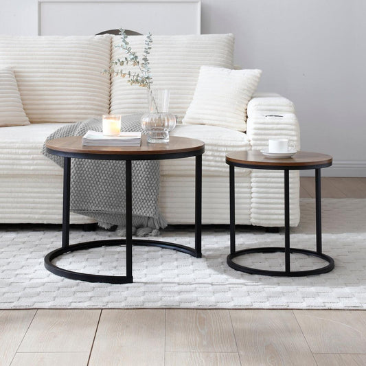 Set of 2 Coffee Table Nesting Side Round End Table Top Sturdy Metal Frame Desk Centerpiece Living Room Bedroom Apartment Modern Industrial Simple Nightstand