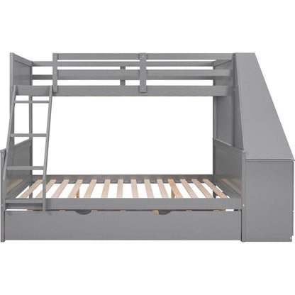 Twin over Full Bunk Bed with Trundle and Built-in Desk, Three Storage Drawers and Shelf,Gray