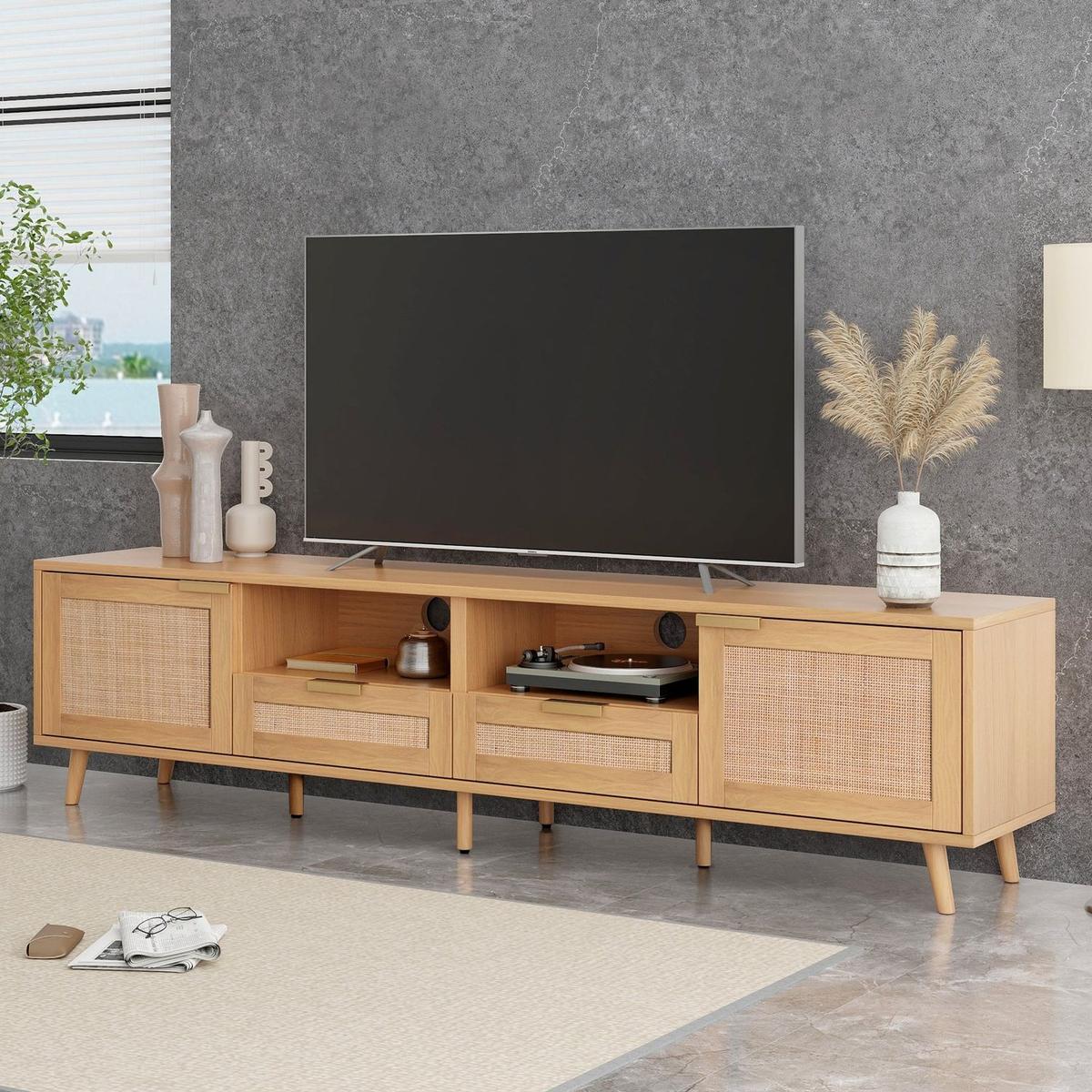 Rattan TV Stand for TVs up to 85", Modern Farmhouse Media Console, Entertainment Center with Solid Wood Legs, TV Cabinet for Living Room,Home Theatre