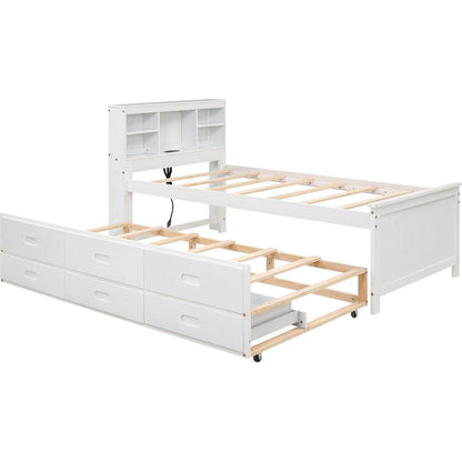 Twin Size Platform Bed with Storage Headboard, USB, Twin Size Trundle and 3 Drawers, White