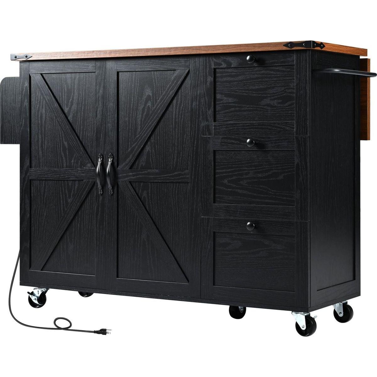 54.5" Farmhouse Kitchen Island with Power Outlet, Kitchen Storage Island with Internal Storage Rack, Drop Leaf, Spice Rack, Rolling Kitchen Cart on Wheels, for Home, Kitchen and Dining Room,Black